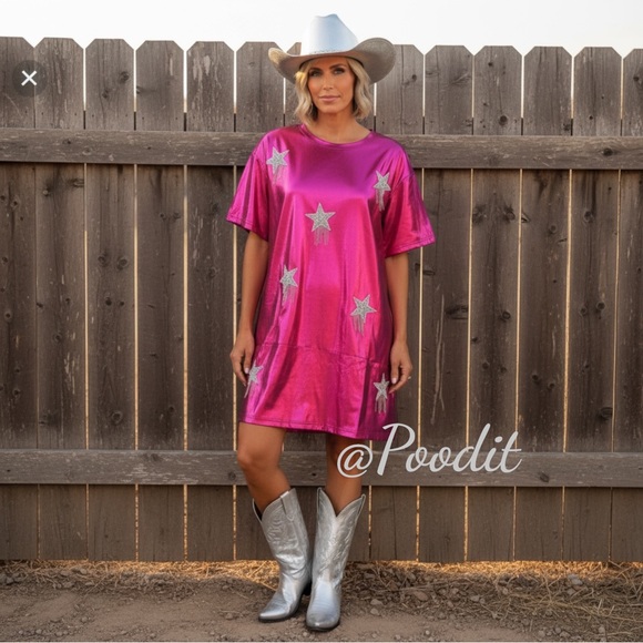 FANTASTIC FAWN metallic fuchsia star dress M L - Picture 11 of 11